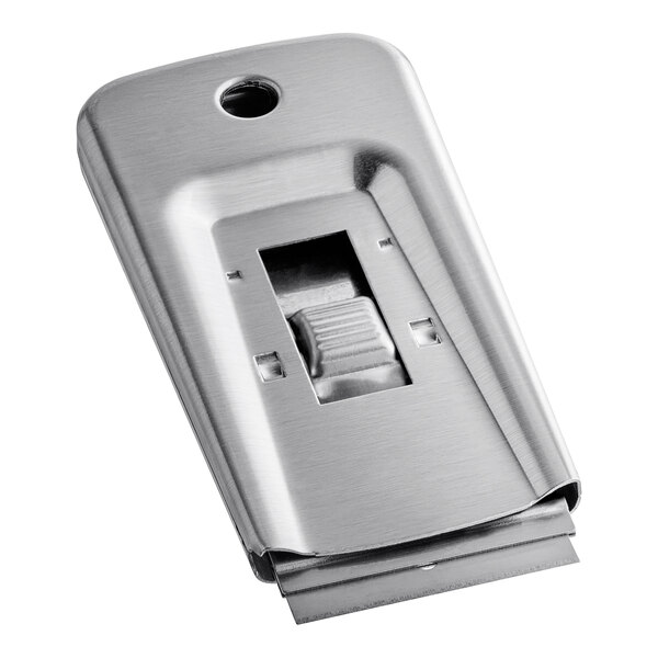 A silver metal Lavex retractable glass scraper with a small blade.