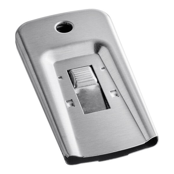 A silver metal Lavex retractable glass scraper with a hole in it.