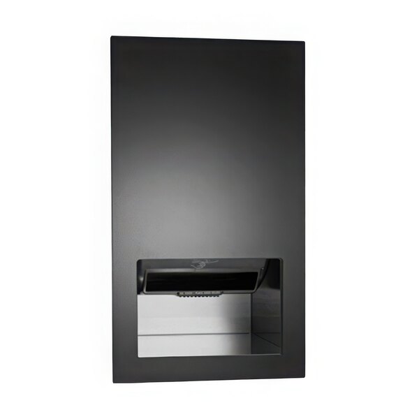 A black rectangular American Specialties, Inc. Piatto recessed paper towel dispenser with a black matte door.