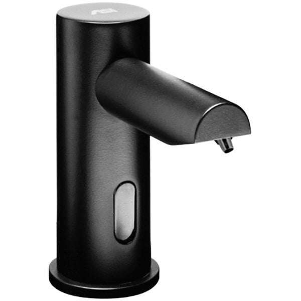 A close-up of a white rectangular American Specialties, Inc. stand-alone liquid soap dispenser with a black button.