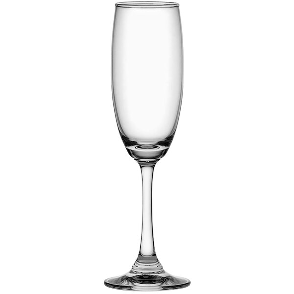 A clear wine glass with a stem.