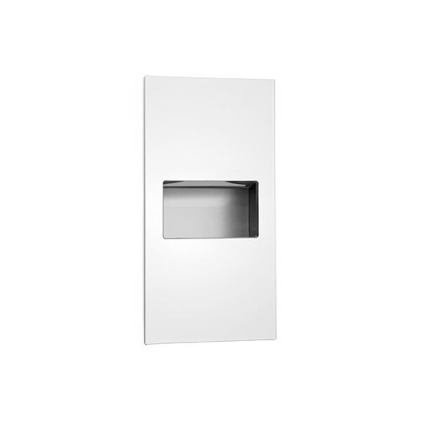 A white rectangular object with a square hole and a white phenolic door.