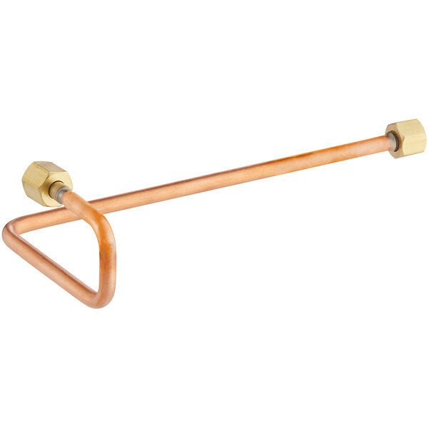 A copper water refill tube with brass hexagon fittings.