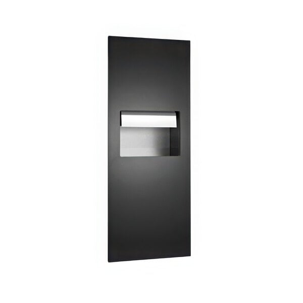 A black rectangular American Specialties, Inc. Piatto paper towel dispenser with a white strip.