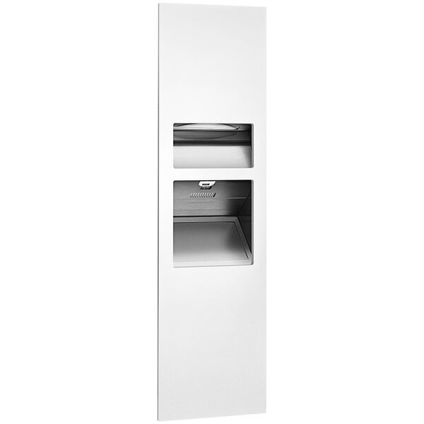 A white rectangular American Specialties, Inc. paper towel dispenser with a white phenolic door.