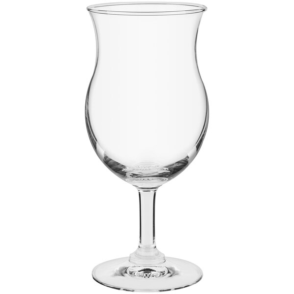 A clear wine glass with a stem.