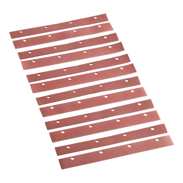A row of red plastic Lavex rubber blades with holes.