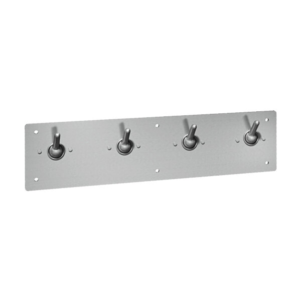 An American Specialties, Inc. front mounted metal clothes hook strip with three hooks.
