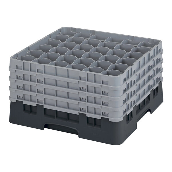 A black plastic Cambro glass rack with compartments.