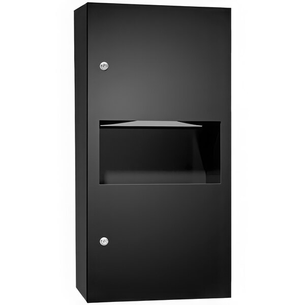 An American Specialties, Inc. black rectangular surface-mounted paper towel dispenser with a window.