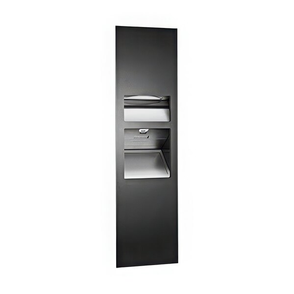 A black rectangular American Specialties, Inc. paper towel dispenser with a silver rectangular object on it.