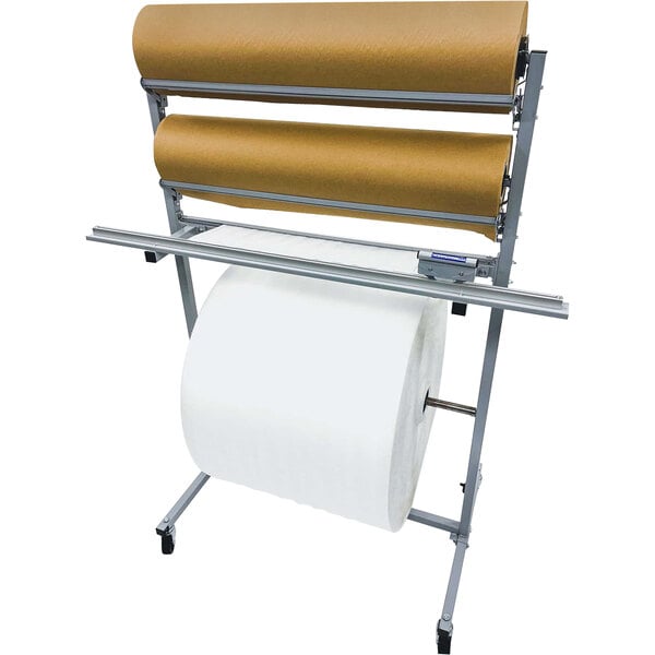 A roll of paper on a metal rack.