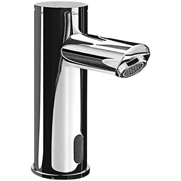 An American Specialties, Inc. polished chrome touchless faucet with a black handle.