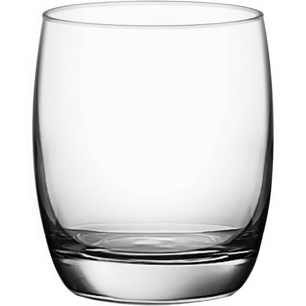 An Ivory Rocks glass with a clear bowl and a black rim.