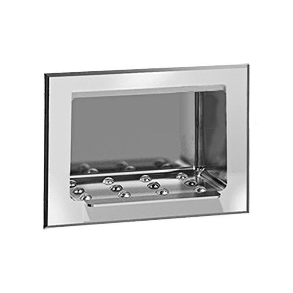 A stainless steel rectangular recessed soap dish with installation kit.