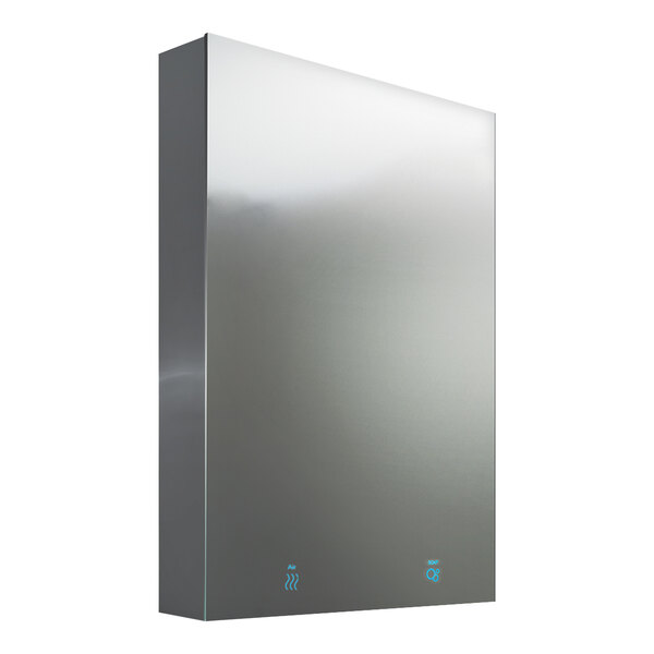 A silver rectangular cabinet with a frameless mirror on the front.
