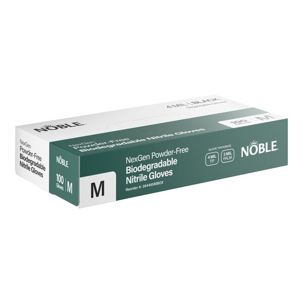 A box of Noble NexGen powder-free biodegradable nitrile gloves in medium size, containing 100 gloves.