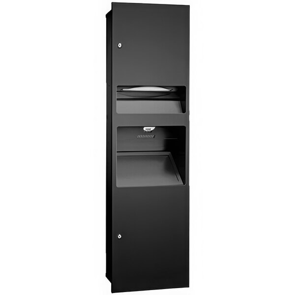 A black metal rectangular cabinet with a paper towel dispenser on a door.