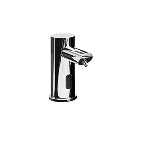 A close-up of an American Specialties, Inc. polished finish foaming soap dispenser with a silver button.