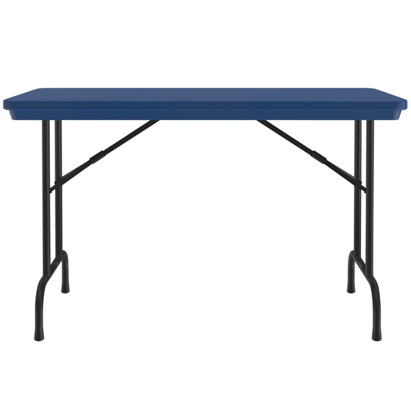 A blue rectangular Correll plastic folding table with black legs.