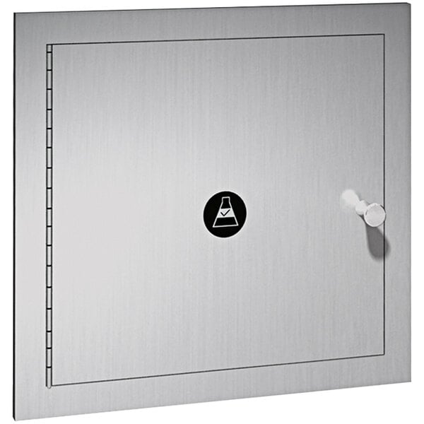 A stainless steel door with a black circle and flange.