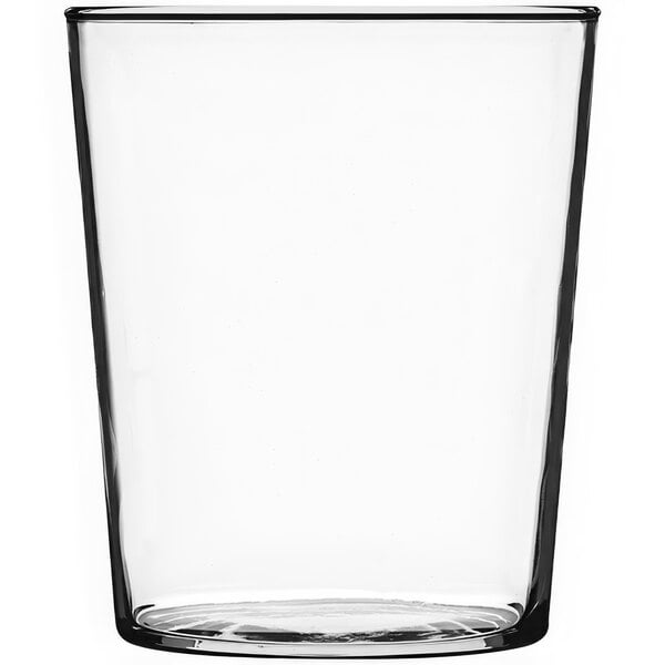 An Anchor Hocking clear glass tumbler with a black rim.