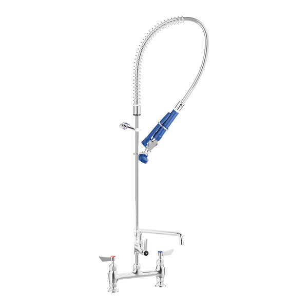 A white Waterloo deck-mounted pre-rinse faucet with blue accents and hose.