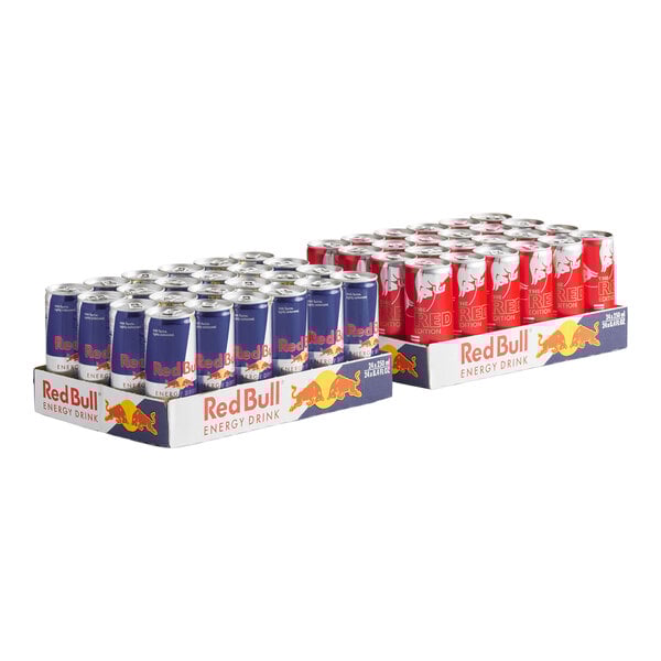 A white box filled with Red Bull Original and Watermelon Assorted Variety Energy Drink cans.