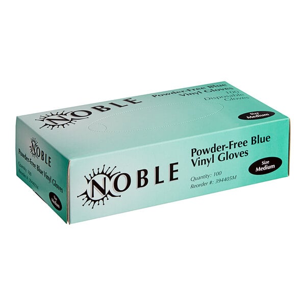 A blue box of Noble Powder-Free Vinyl Gloves with black text.