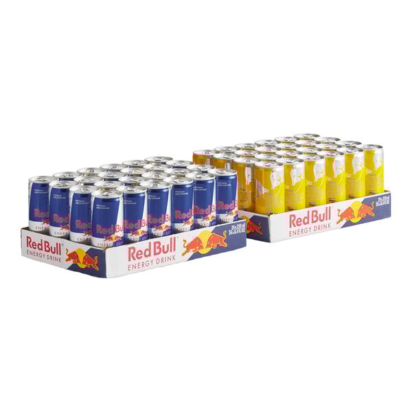 A box of 48 Red Bull Original and Tropical assorted variety energy drink cans.