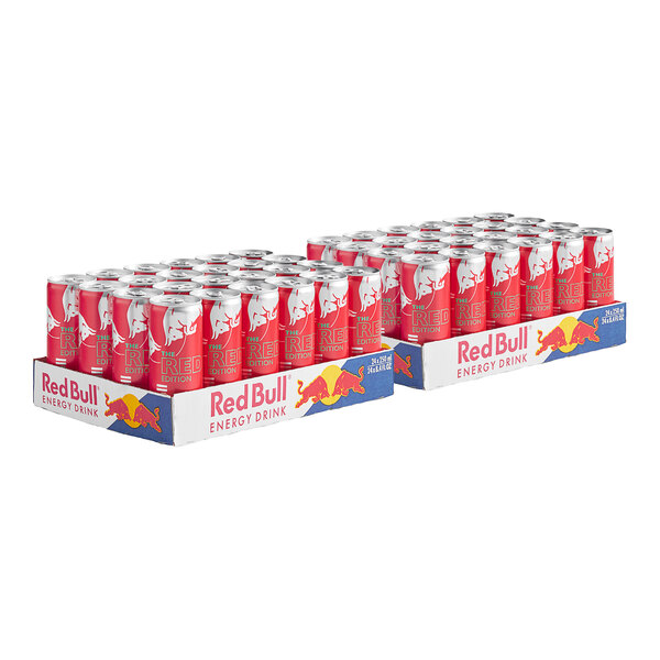A case of 48 Red Bull Watermelon energy drink cans with red and white packaging.