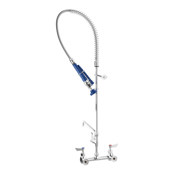 A blue and silver metal Waterloo pre-rinse faucet with an 8" add-on faucet and hose.