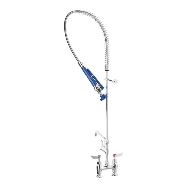 A blue and silver metal Waterloo pre-rinse faucet with a hose.