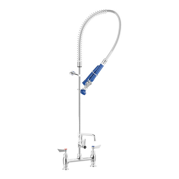 A white deck-mounted Waterloo pre-rinse faucet with a blue handle and hose.
