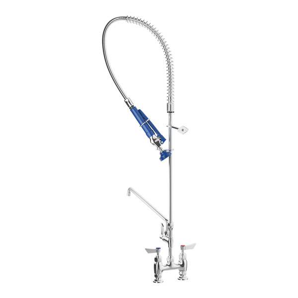 A blue and silver Waterloo pre-rinse faucet with a blue hose.