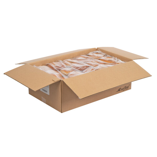 A cardboard box with clear plastic bags of Original Bagel Whole Wheat Bagels inside.