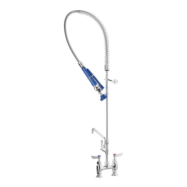 A blue and silver Waterloo deck-mounted pre-rinse faucet with a hose.