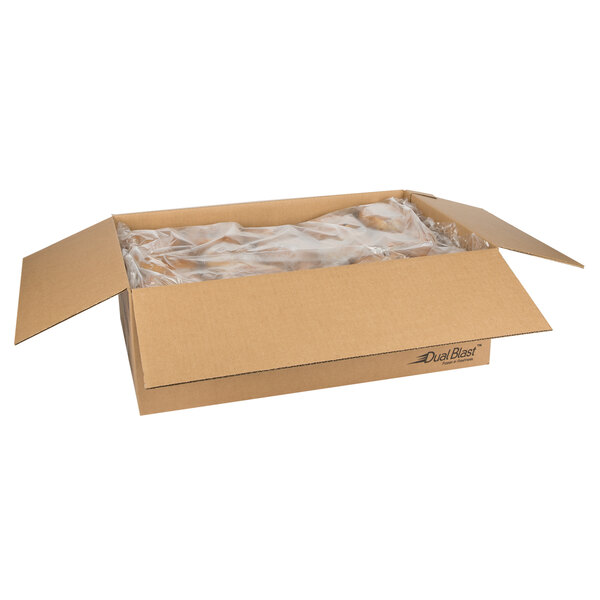 A white cardboard box with clear plastic wrapped Original Bagel cinnamon raisin bagels inside.
