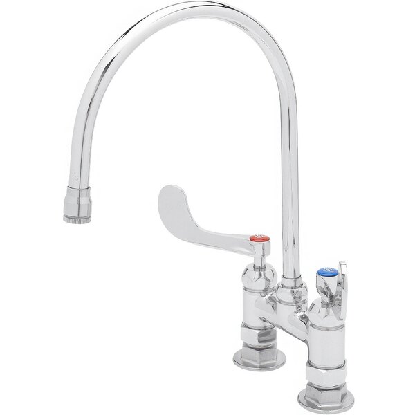A chrome T&S deck-mount faucet with gooseneck spout and wrist action handles, including a red and blue handle.