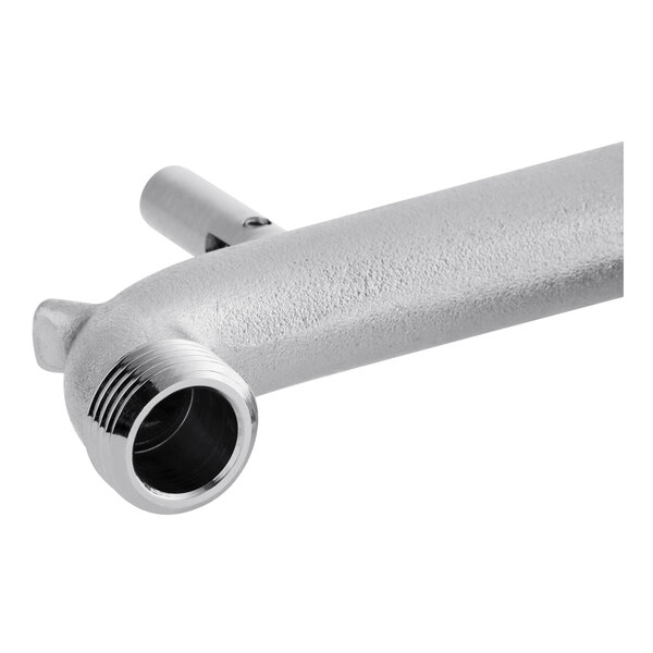 A silver metal wall mount pipe with a nozzle.