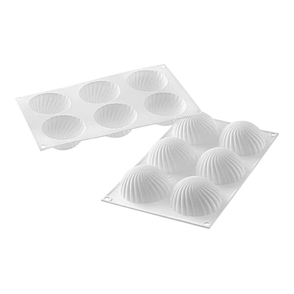 A white silicone baking mold with six Parfum shaped cavities.