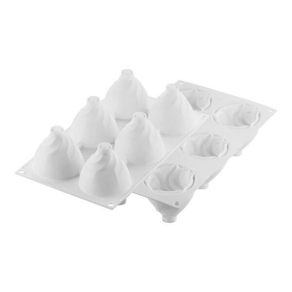 A white silicone baking mold with 6 curved cavities.