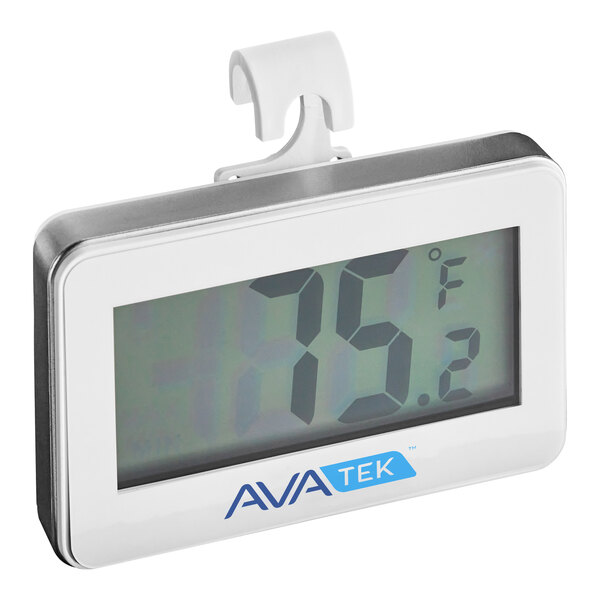 A digital refrigerator and freezer thermometer with a large display and a hanging hook.