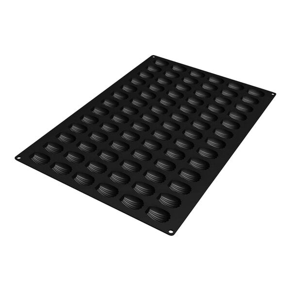 A black Silikomart baking tray with 78 madeleine cavities.