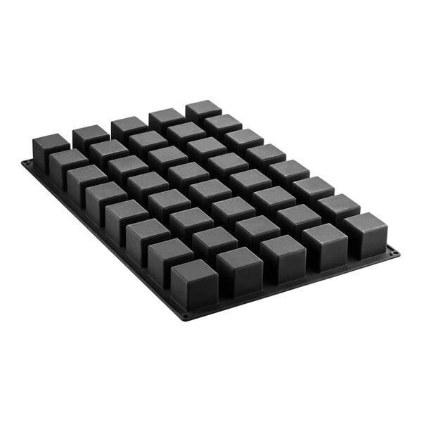 A black rectangular silicone baking mold with 40 square cavities.