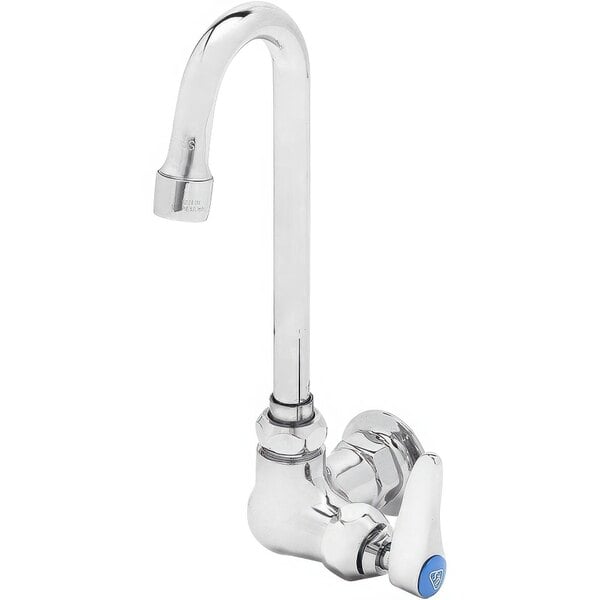 A silver T&S wall mount faucet with a blue knob.