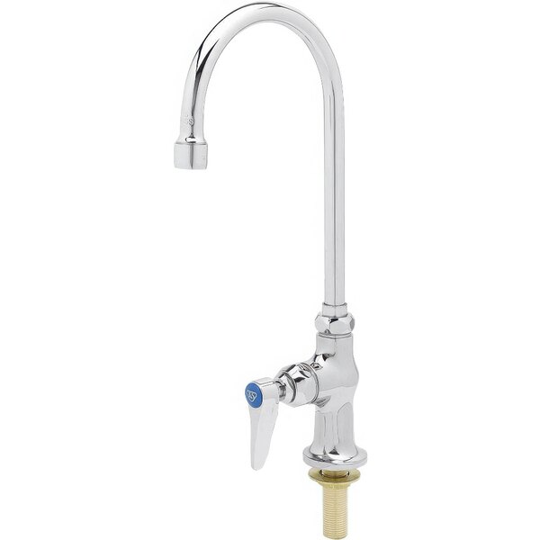 A silver T&S deck-mount faucet with a blue knob.