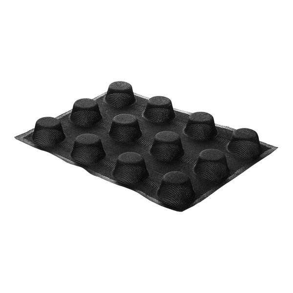 A black silicone baking mold with small curved holes.