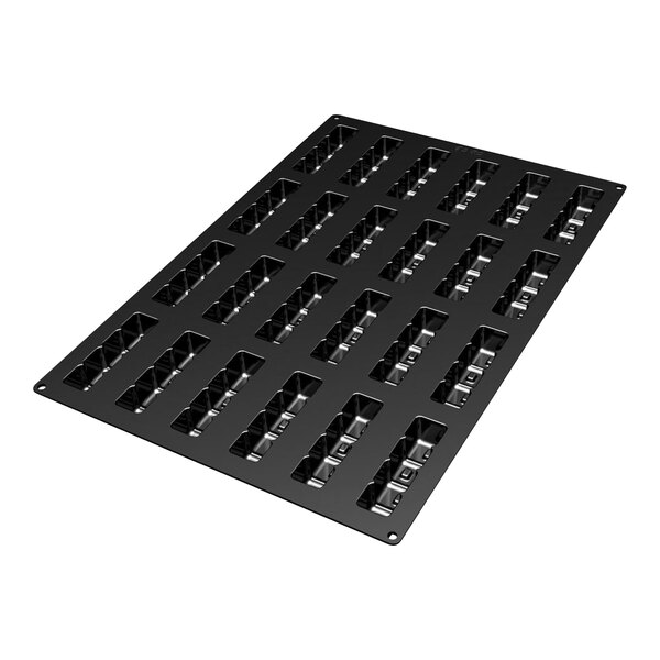 A black rectangular Silikomart silicone baking mold with many small holes.