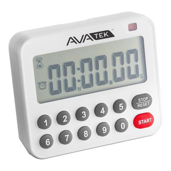 A digital kitchen timer with a numeric keypad and a large display screen.